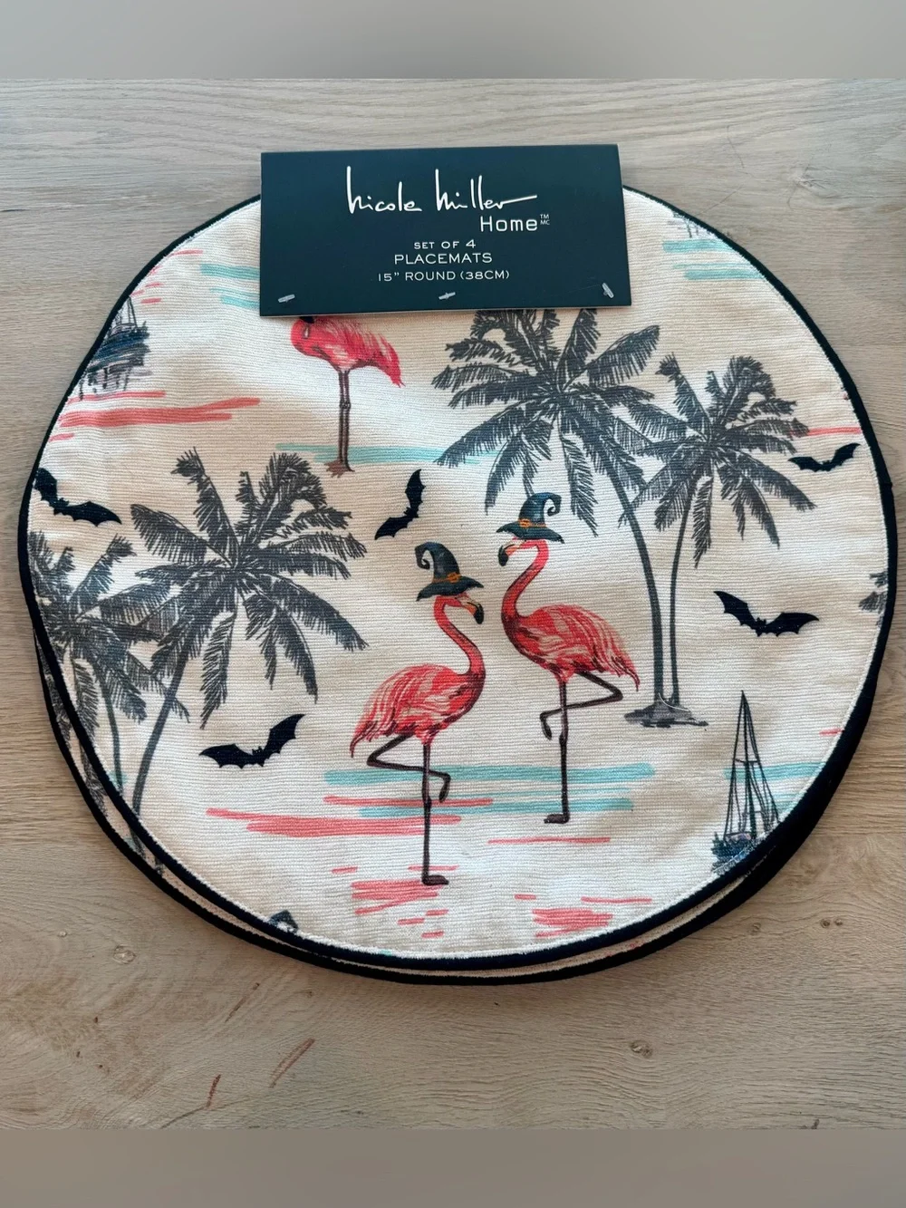 Nicole Miller shimmery Flamingo Witch Round Placemat -Set of 4 Halloween Coastal